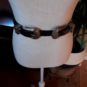 Western Belt, Unique Dbl Buckle, Ornately Tooled Silver Tone on Blk, Size S/M